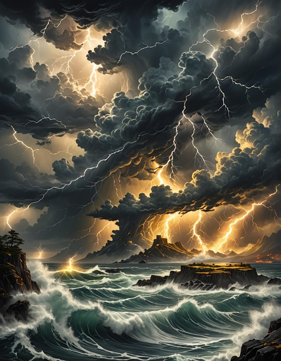 Turbulent Stormy Seascape with Lightning, Dark Fantasy Art