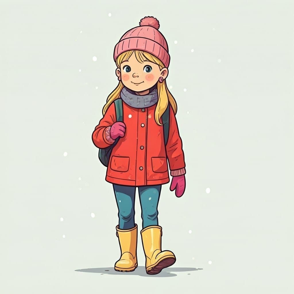 Girl Walking Home in Winter, Classic Illustration Style
