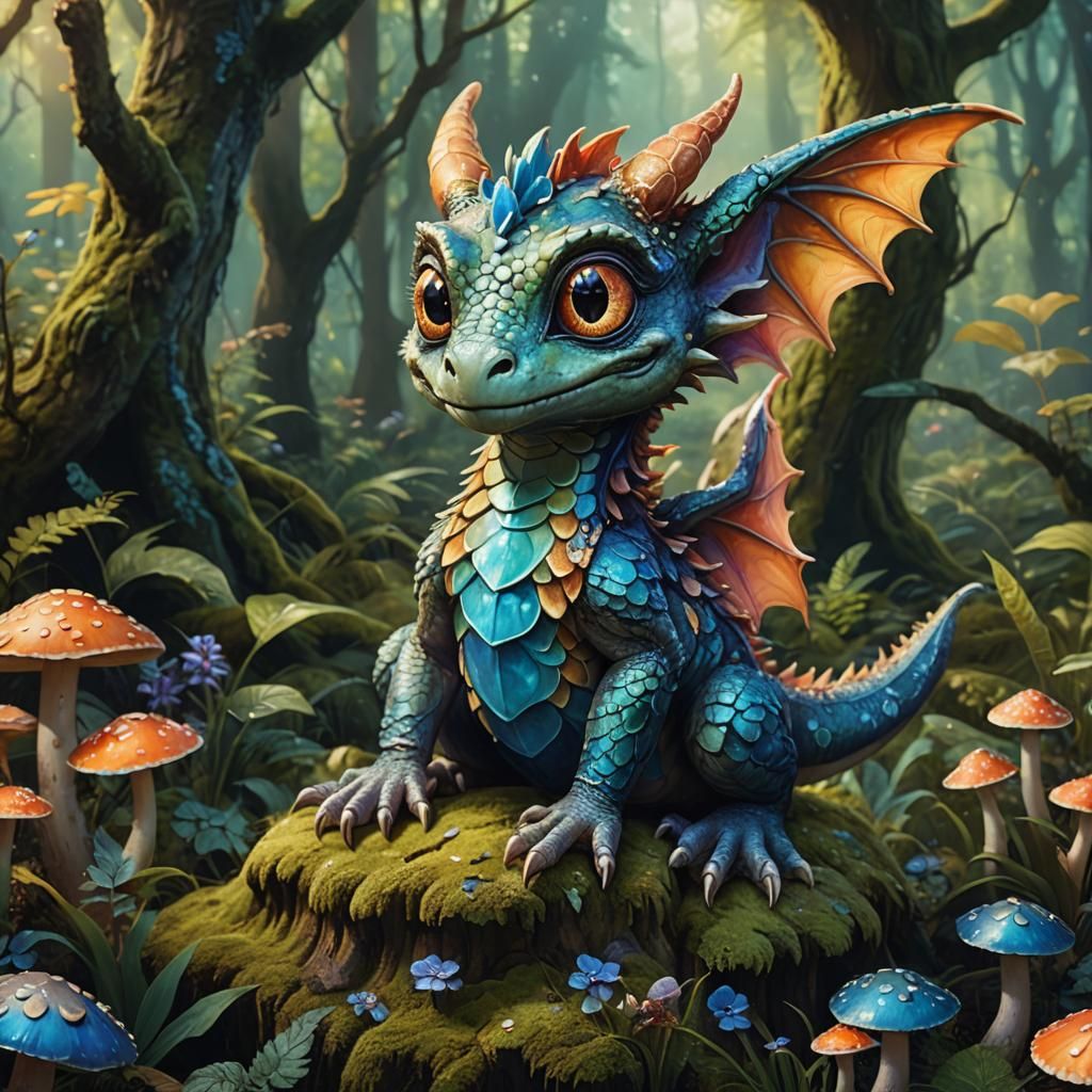 Cute Dragon on Toadstool in Lush Forest