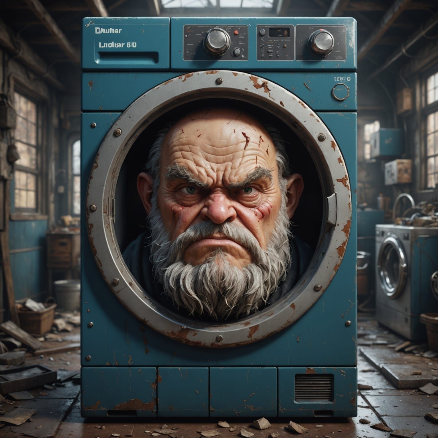 Grumpy Dryer Face in Detailed Matte Painting Style