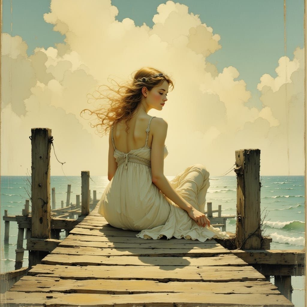 Surreal Sunset Goddess on Weathered Wooden Dock