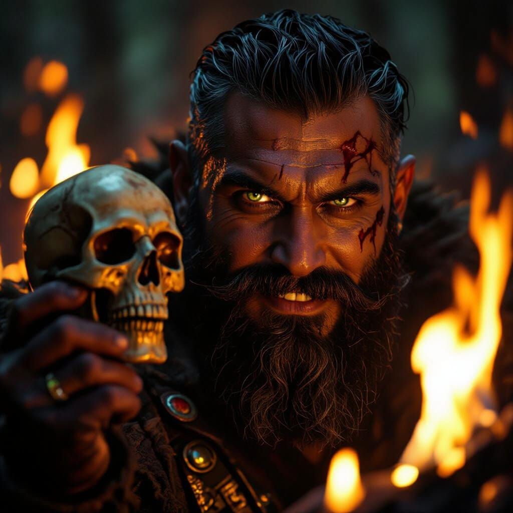 Fiery Forest: Rugged Man with Devil Skull