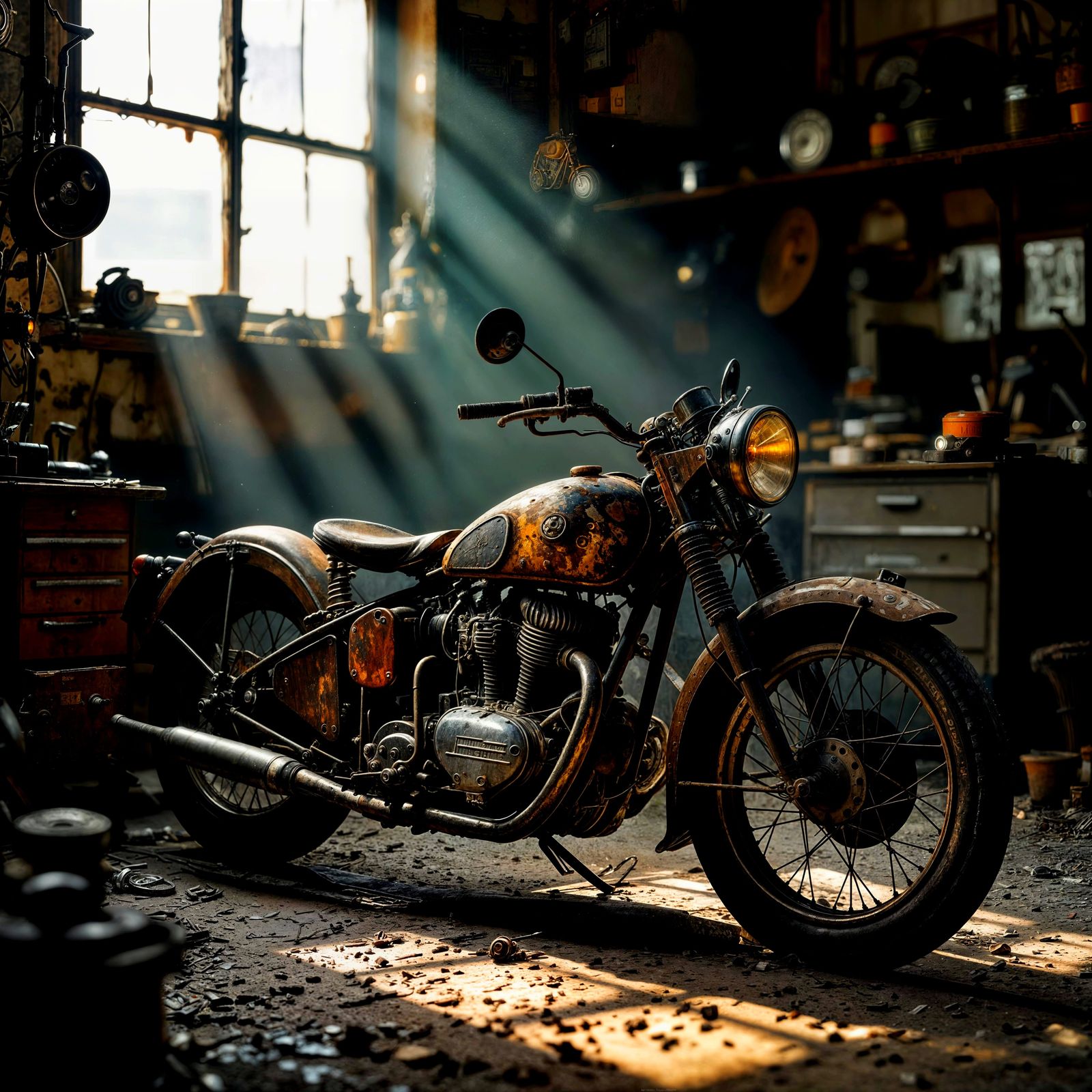 Antique Motorcycle in Workshop, Photorealistic Digital Art