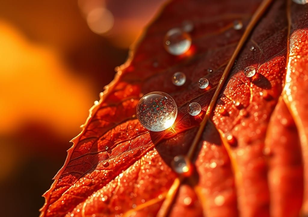 Autumn Leaf Macro with Rainbow Dew Drops