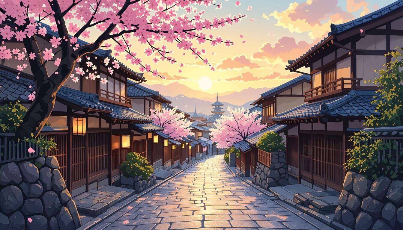 Kyoto Gion Sunrise Ukiyo-e Style