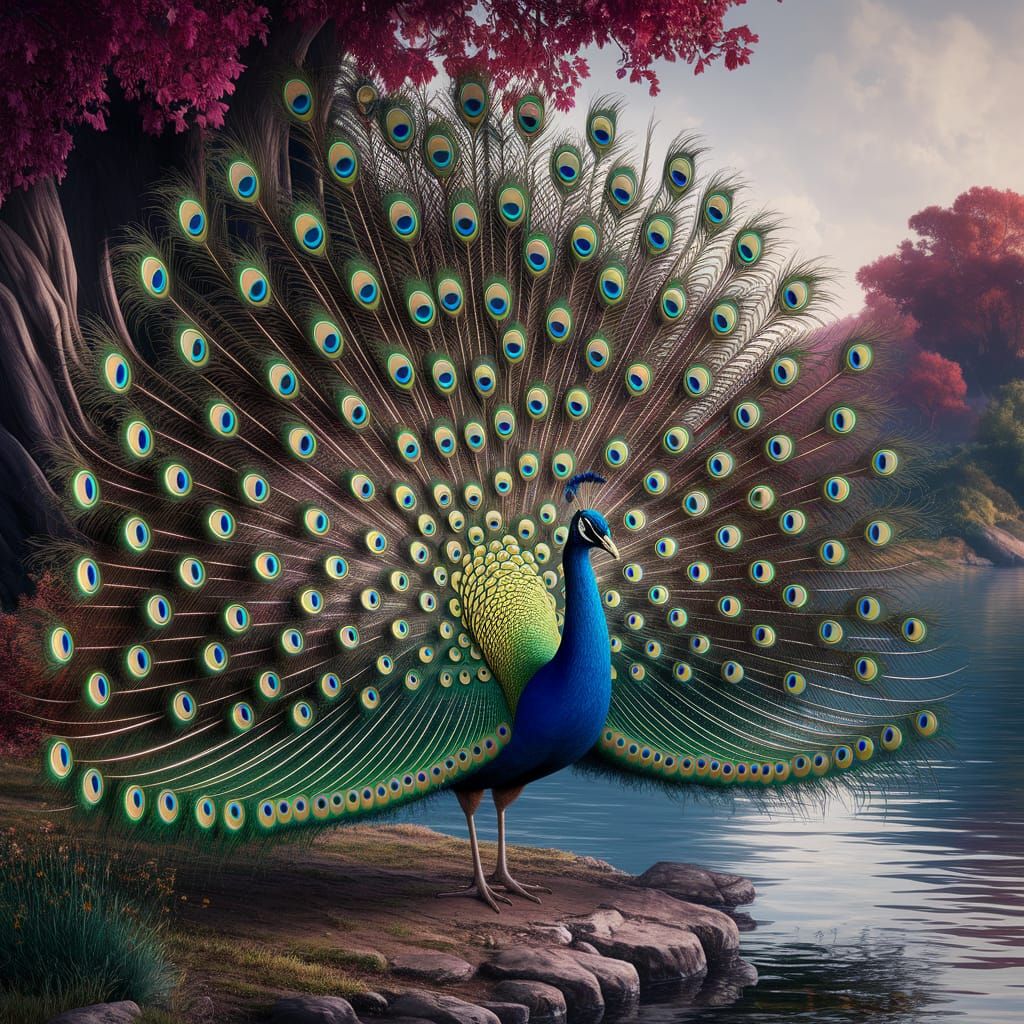 Majestic Peacock Display on Lake Shore: Fantasy Art