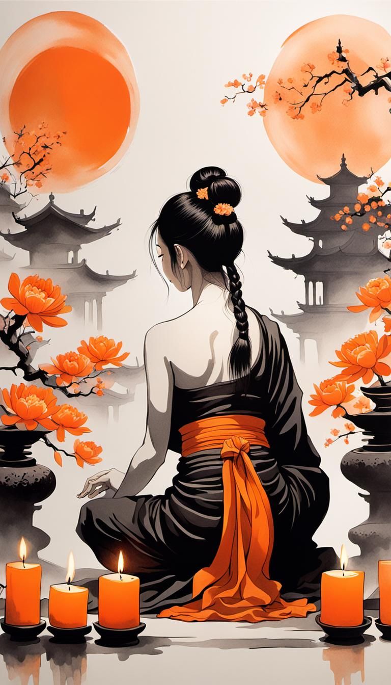 Minimalist Chinese Ink Painting of Praying Girl