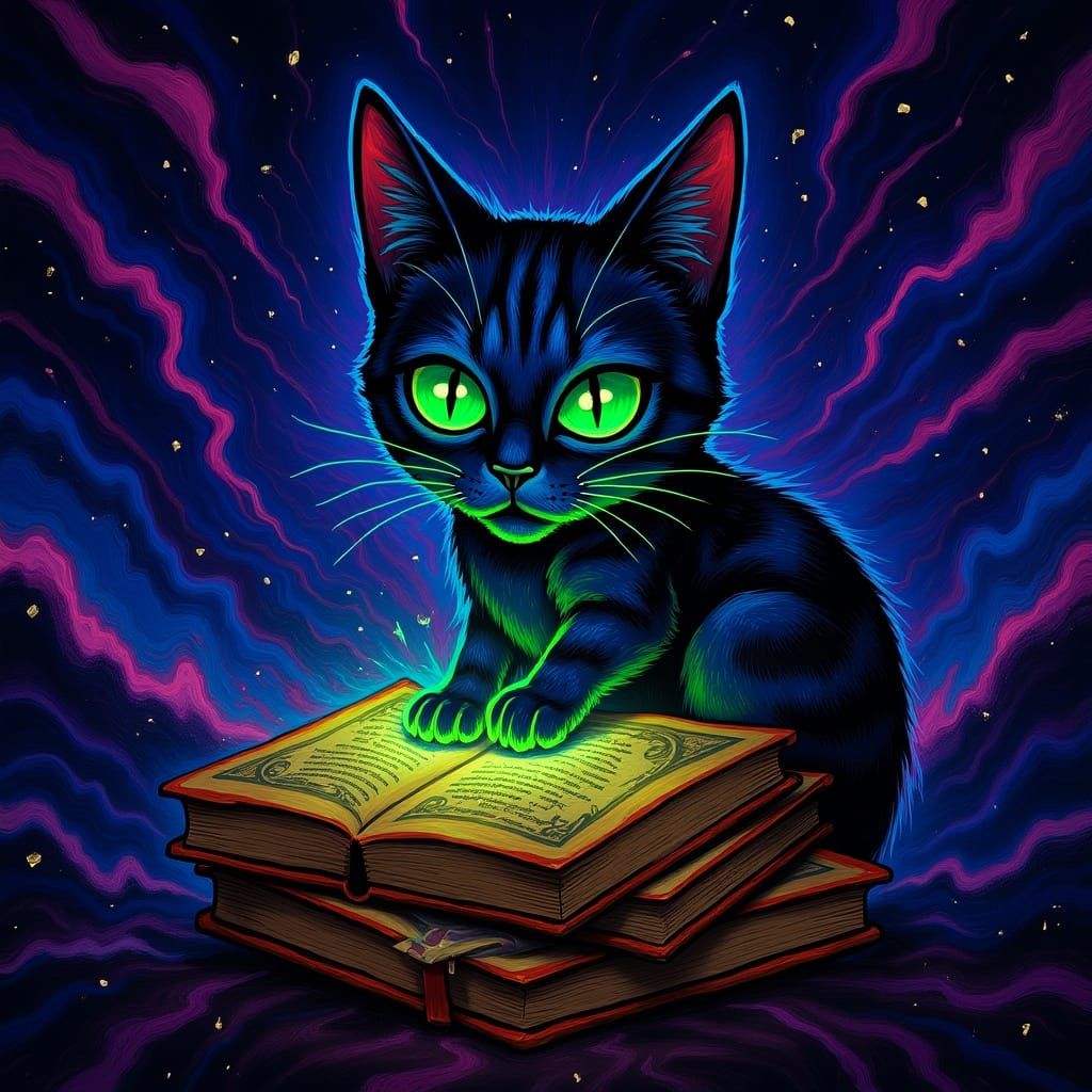 Mischievous Cat Reading Ancient Tomes in Cosmic Void