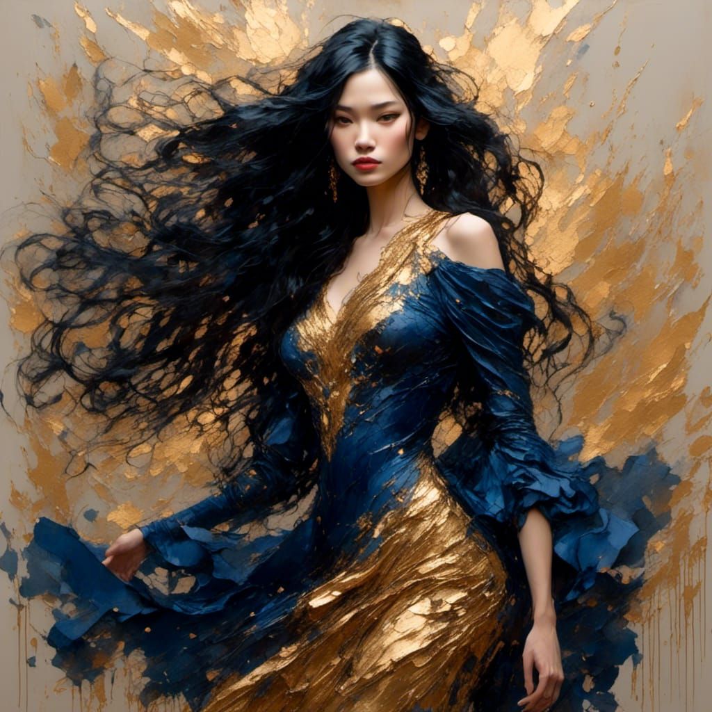 Woman in Gold-Trimmed Dress, Comic Art Style