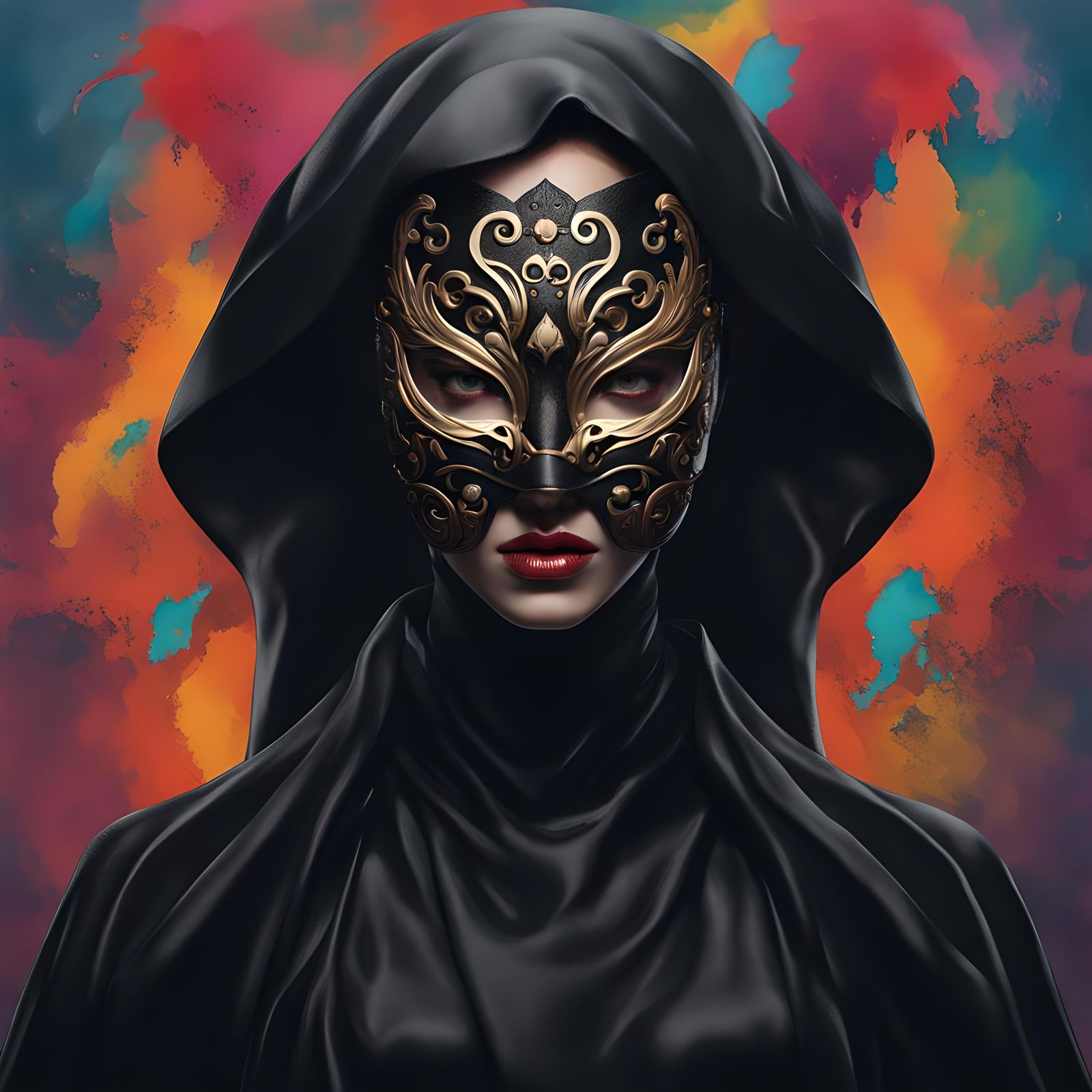Mysterious Woman in Mask: Hyperrealistic Splash Art