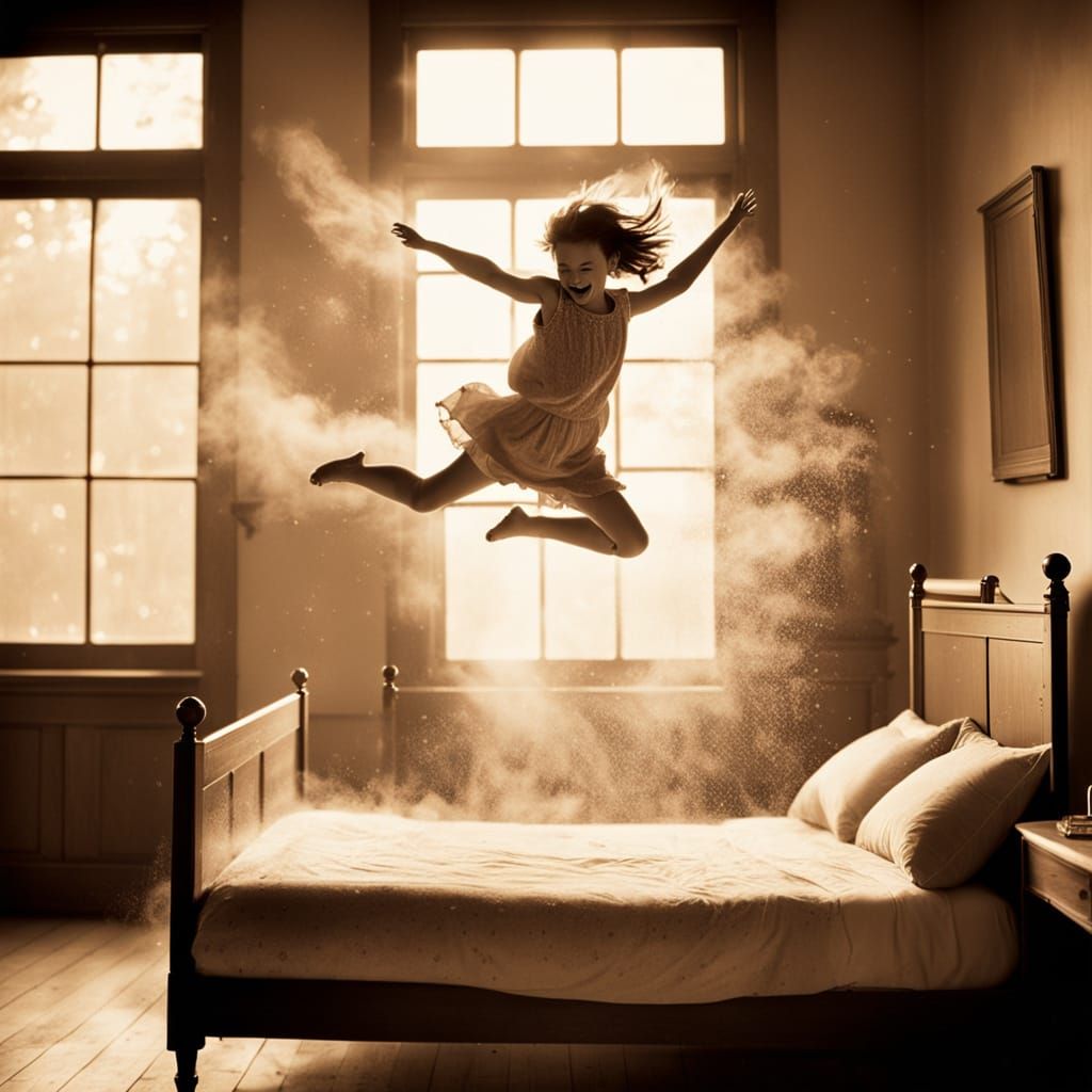 Happy Child Jumping on Vintage Bed in Sepia Tone