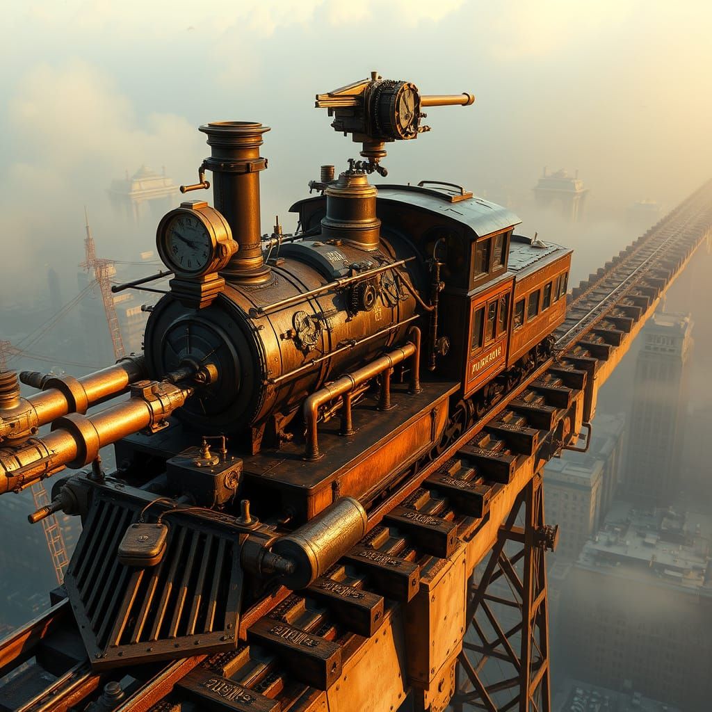 Steam Punk Train Chugs Along Fog-Shrouded Skyline