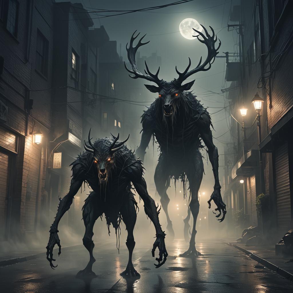 Eerie Antlered Creature Lurking in Misty Alleyway