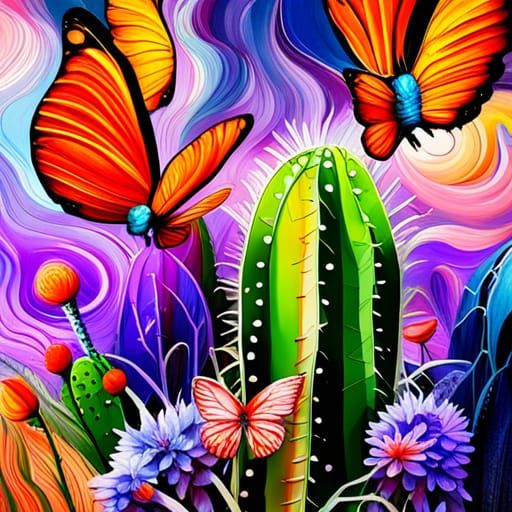 Cactus with Butterflies: Vivid Graffiti Art