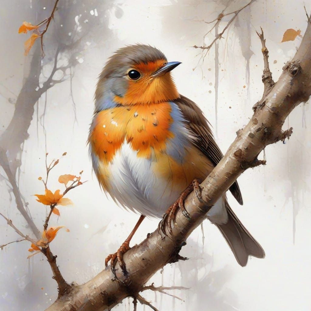 Chubby Baby Robin Perched on a Branch in Vibrant Watercolor