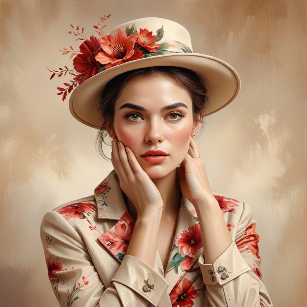 Watercolor Portrait of Woman with Red Florals