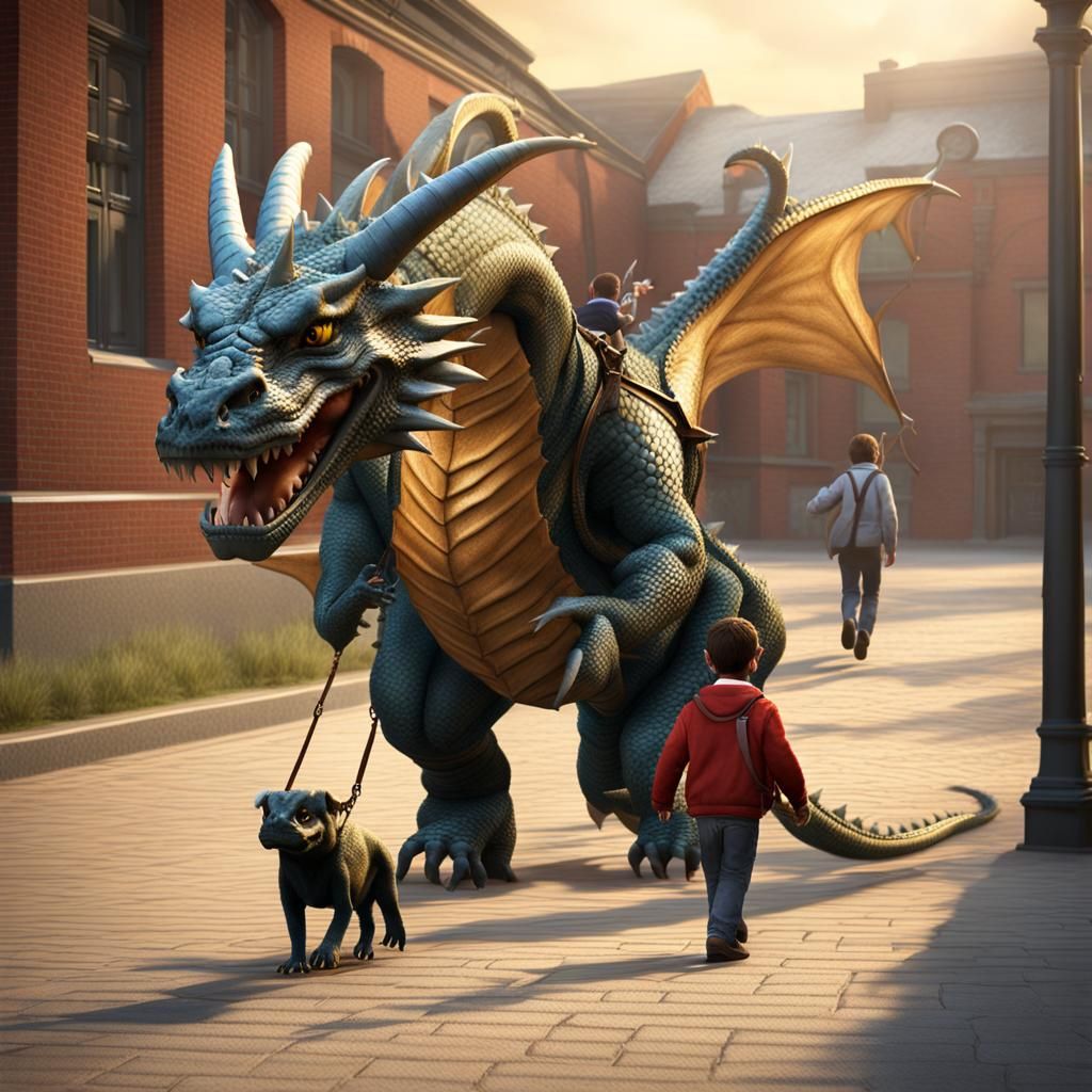 Dragon Walks to School in Photorealistic 3D