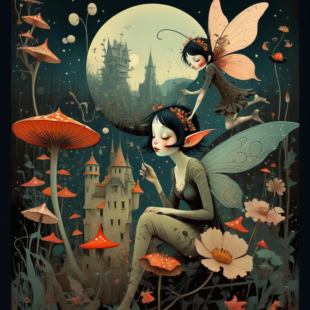 Dark Whimsical Folk Art Fairies in a Dystopian Masterpiece
