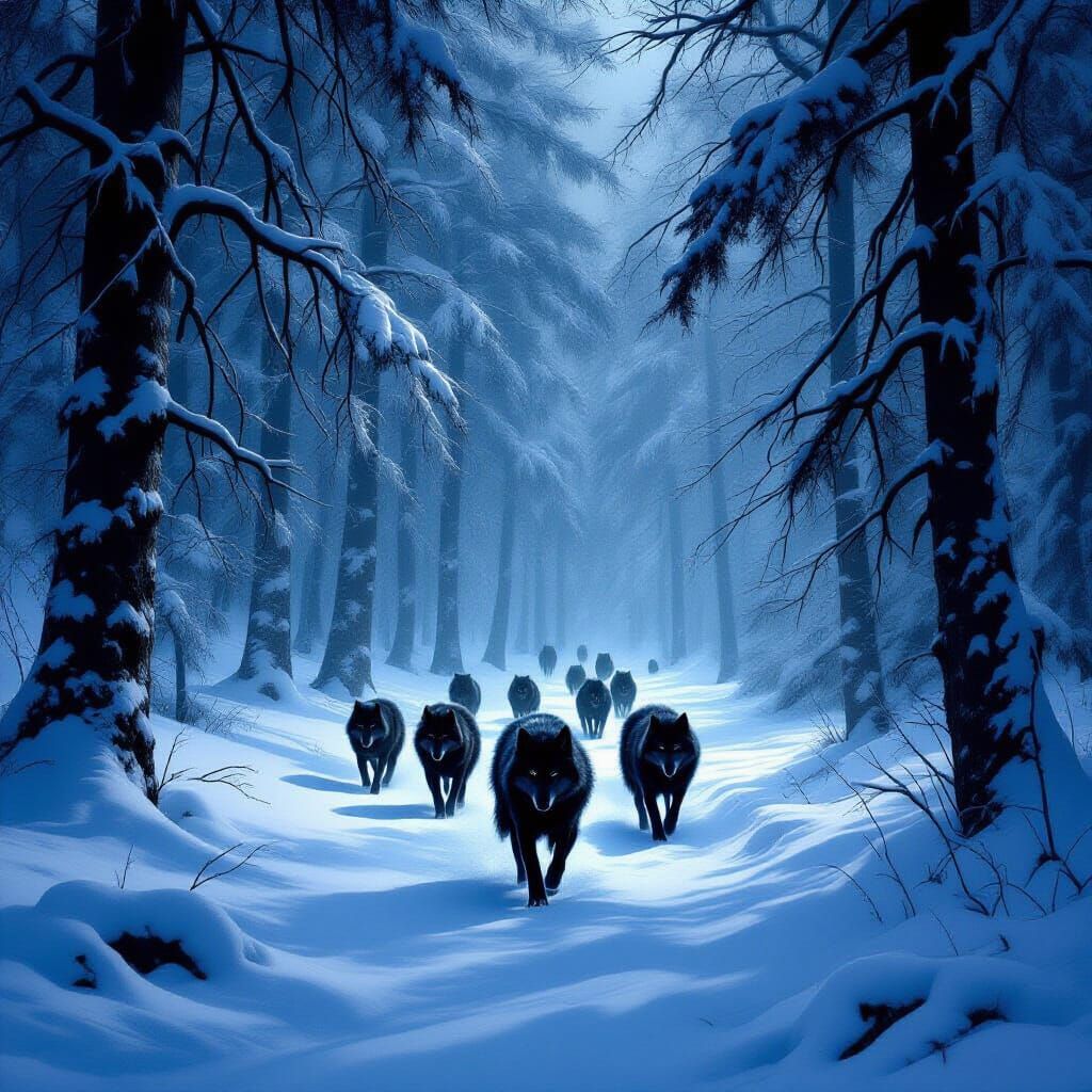 Black Wolves in Snowy Forest Digital Matte Painting