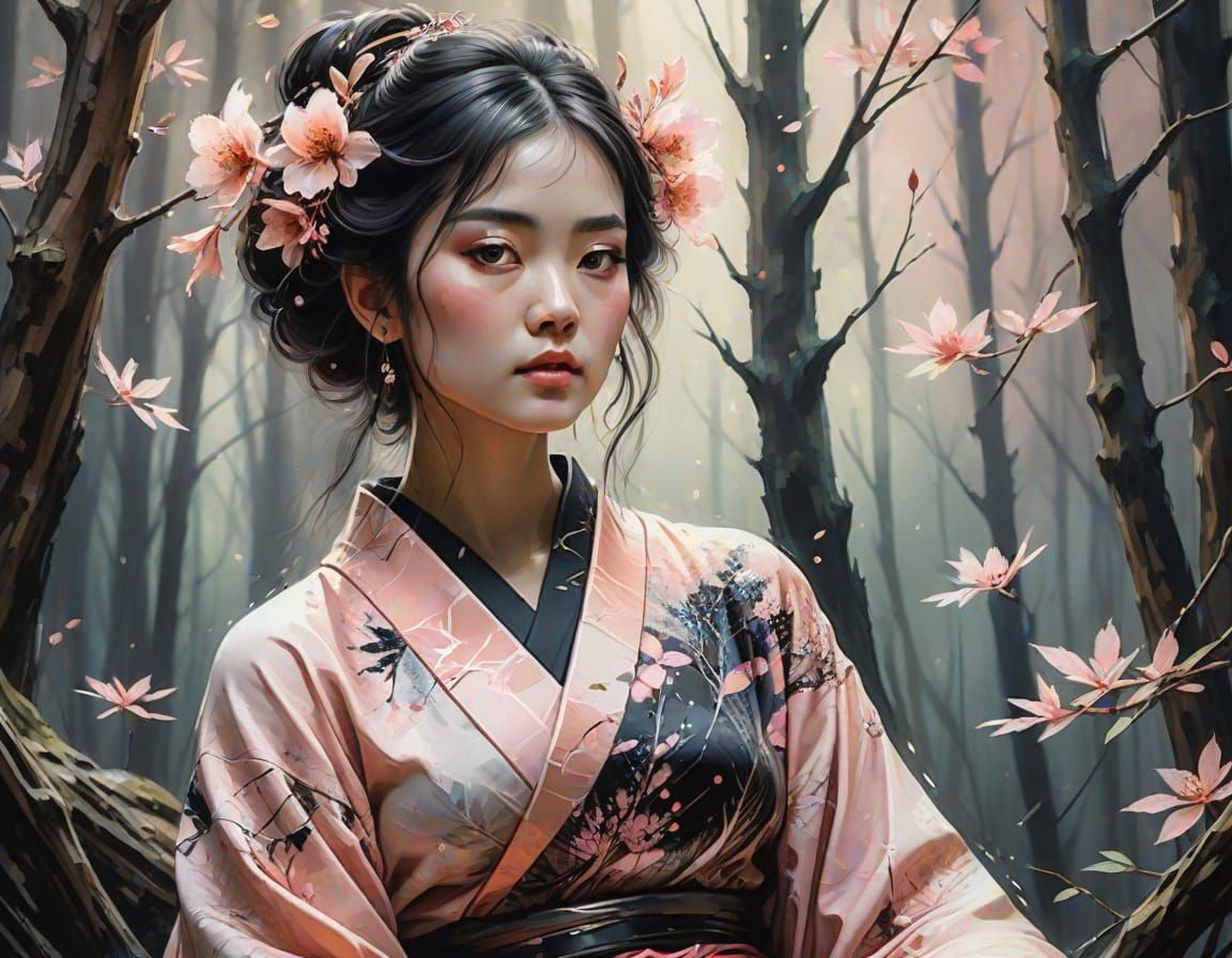 Surreal Oil Painting of a Mysterious Woman Emerging from the...