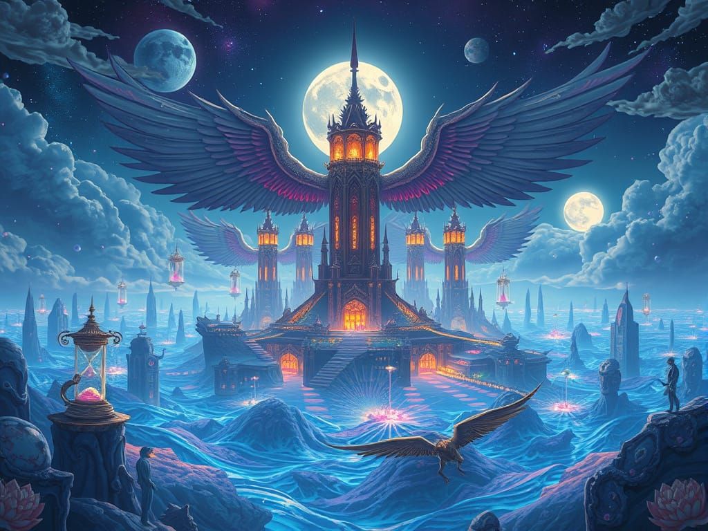 Ethereal Cityscape Over Alien Ocean in Neon Noir Style