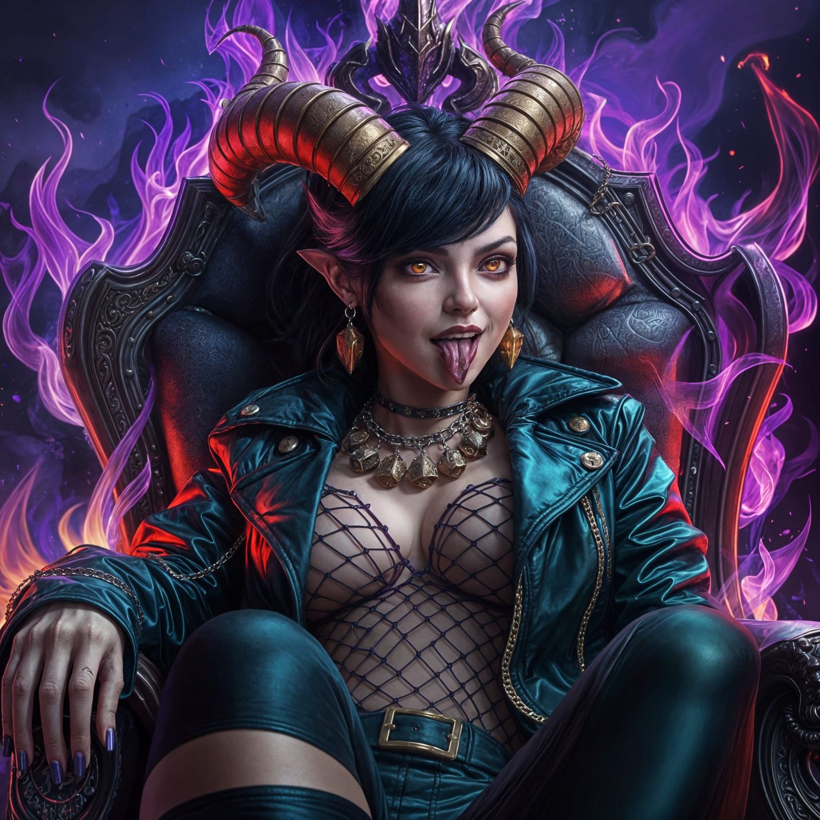 Mischievous Horned Woman in Flaming Chair