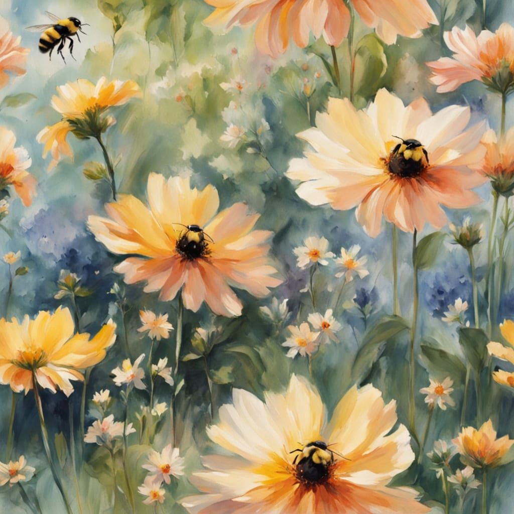 Impressionist Bumblebees in a Lush Garden