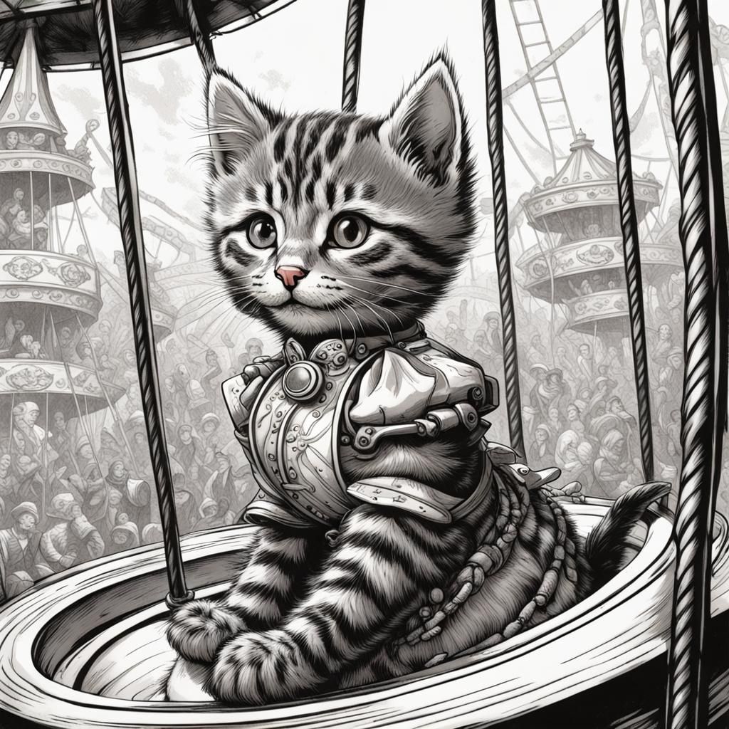 Tabby Kitten Rides Helter-Skelter: Tenniel-Style Drawing