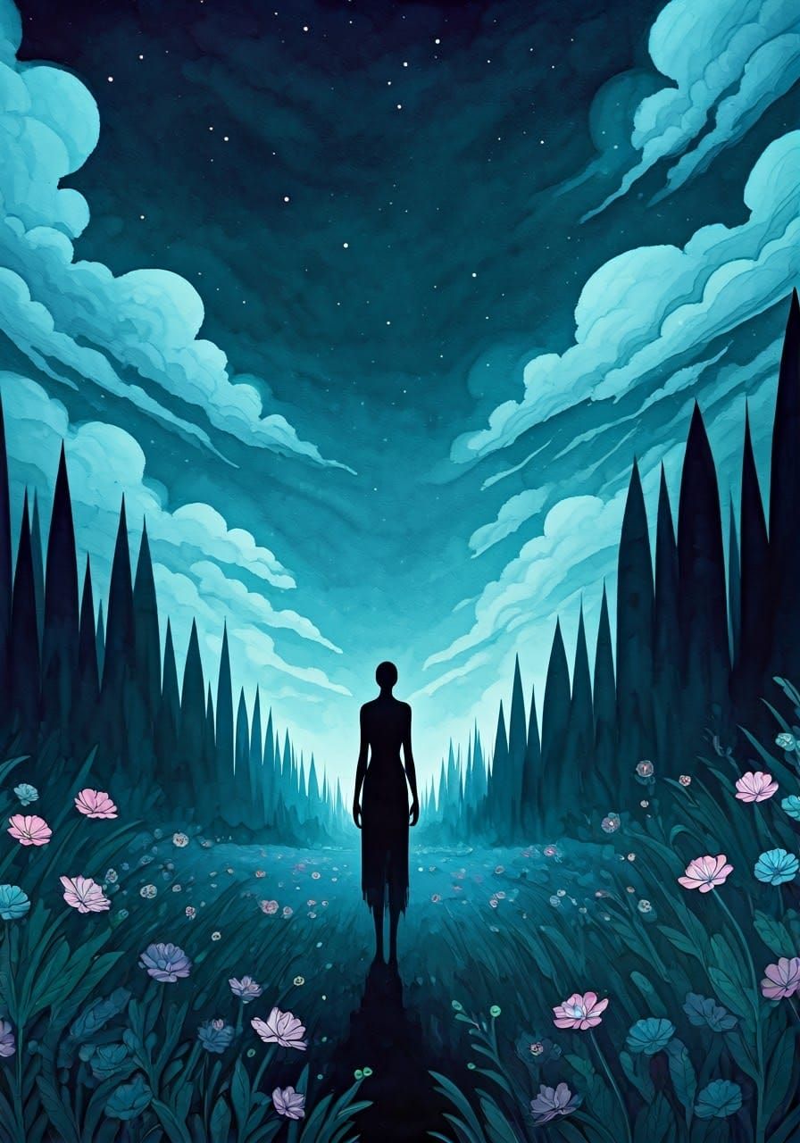 Eerie Midnight Dreamscape in Distorted Aquarel Ink Style