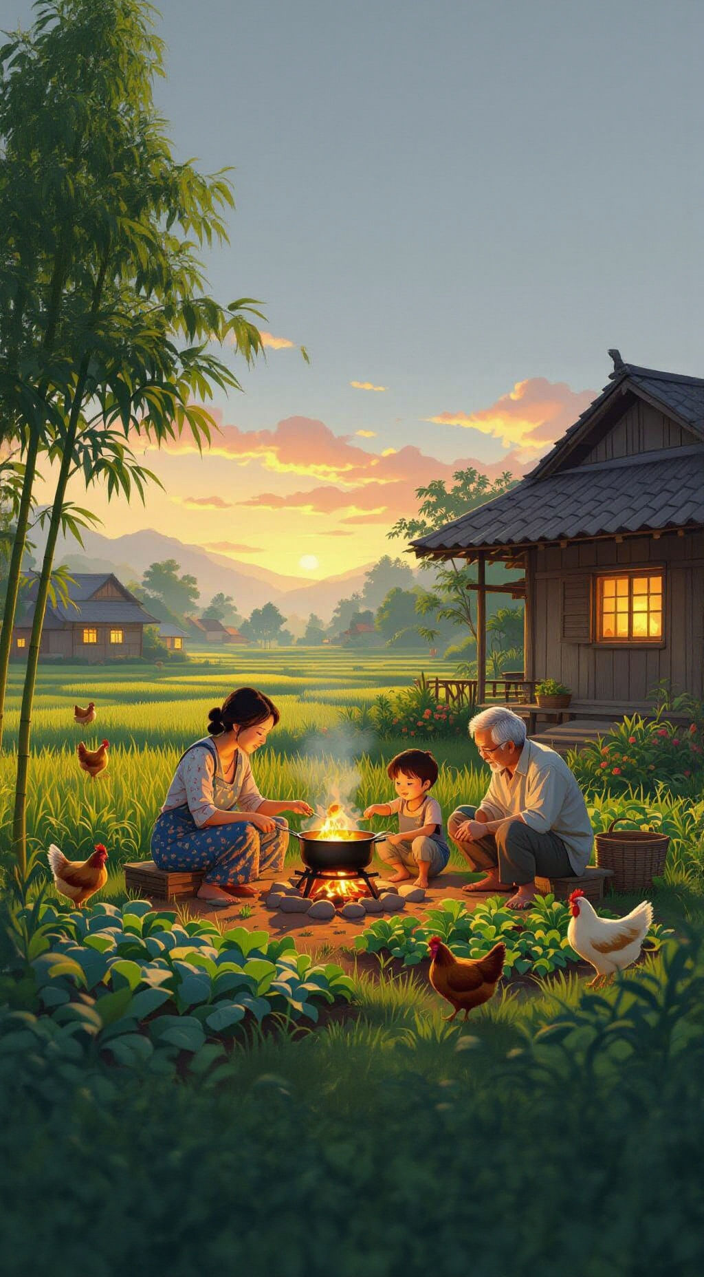 Asian Village Evening Family Cooking in Golden Sunset Light