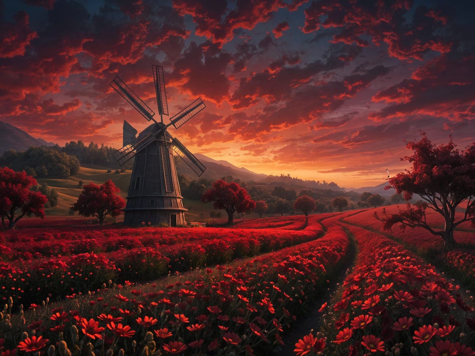 Whimsical Sunset Windmill Amidst Red Blooms