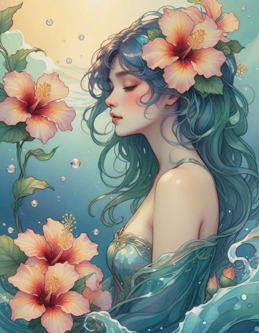 Art Nouveau Woman Emerges from Ocean Depths