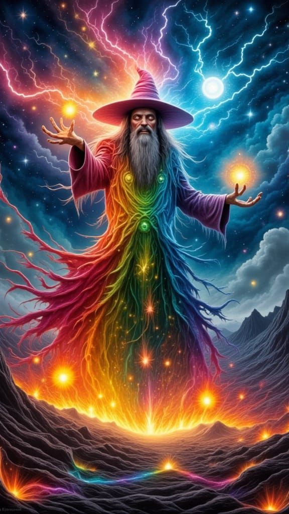 Rainbow Lightning Wizard Casting Spells in Dreamscape
