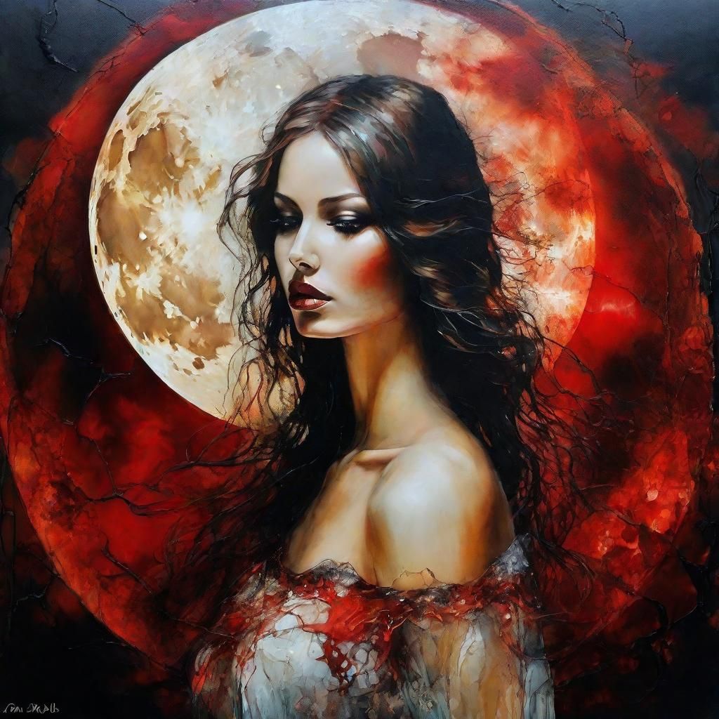 Double Exposure: Woman and Blood Moon in Mixed Media