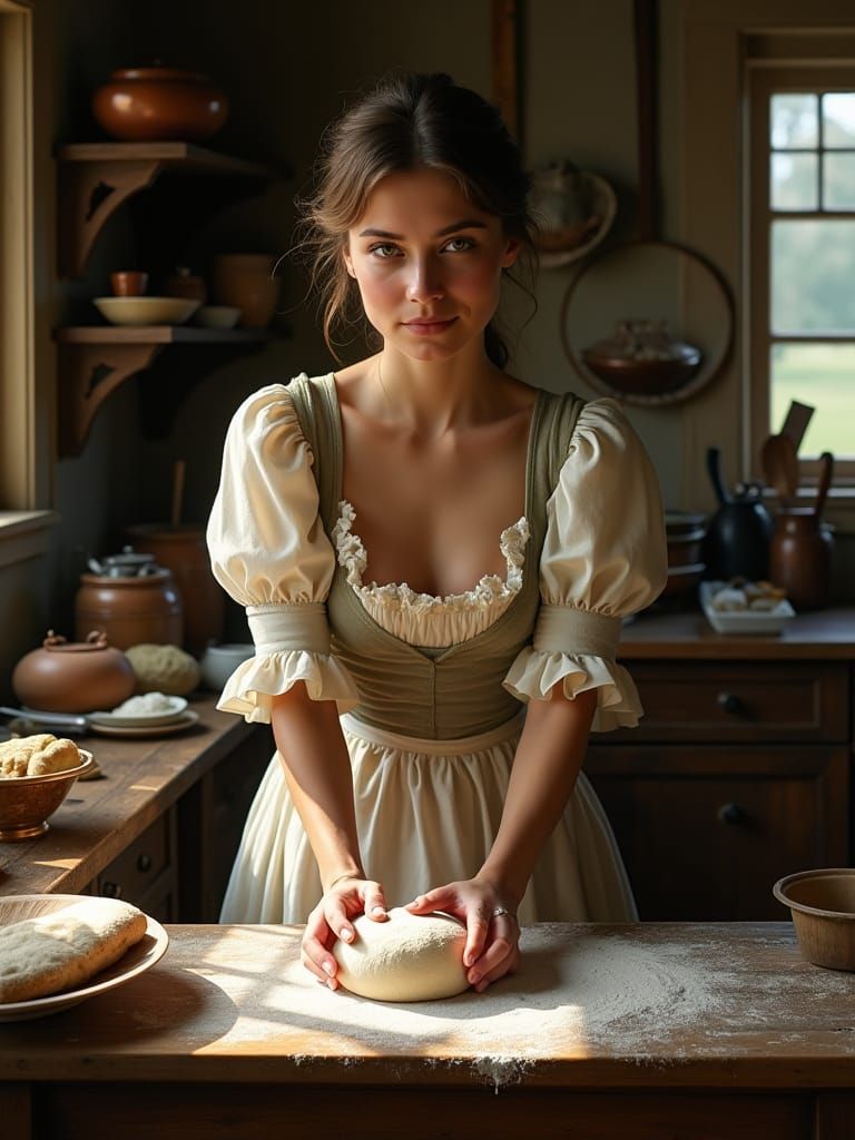 Woman Kneading Dough in Manor Kitchen, Photorealistic Portra...