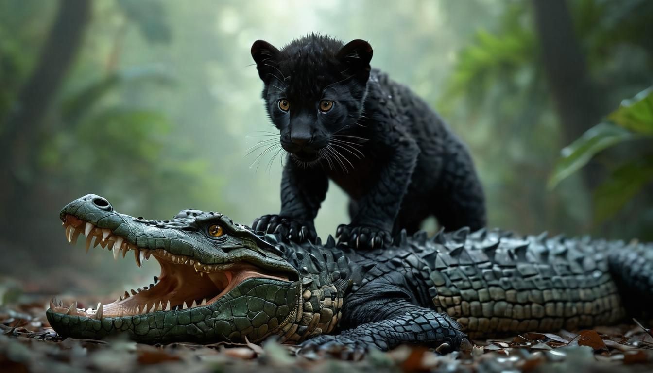 Black Jaguar Cub Devours Crocodile: Wildlife Art