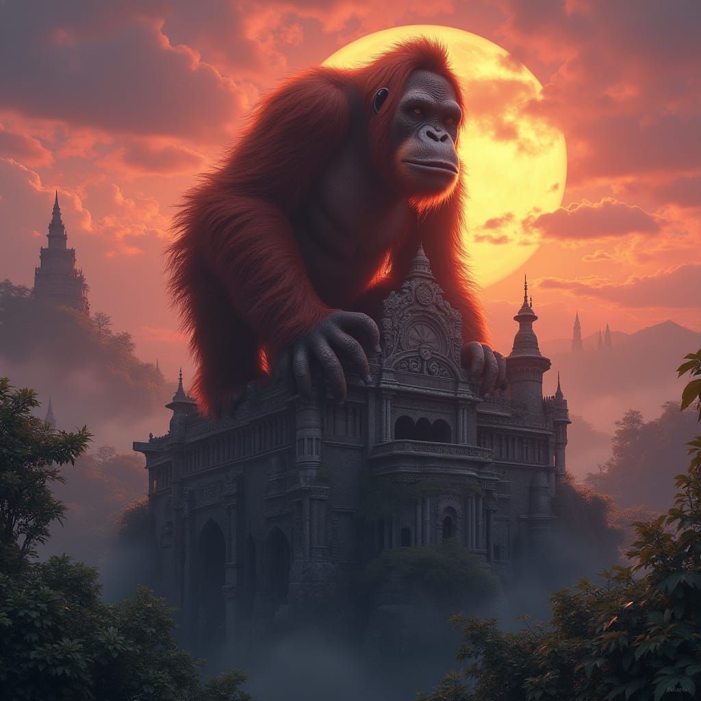 Orangutan Surveys Ancient Castle at Sunset
