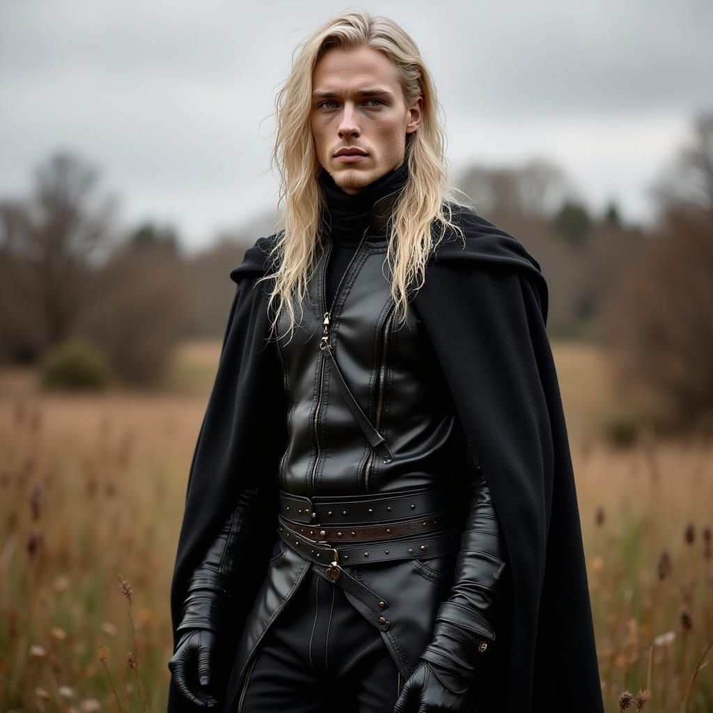 Handsome Medieval Man with Golden Eyes in Leather