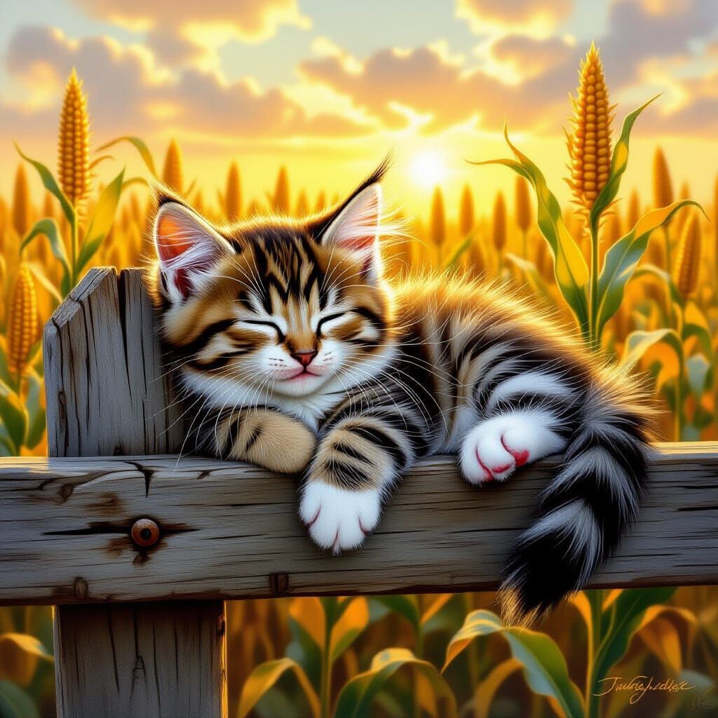 Sleepy Bobtail Kitten on Wooden Fence in Golden Sunlight