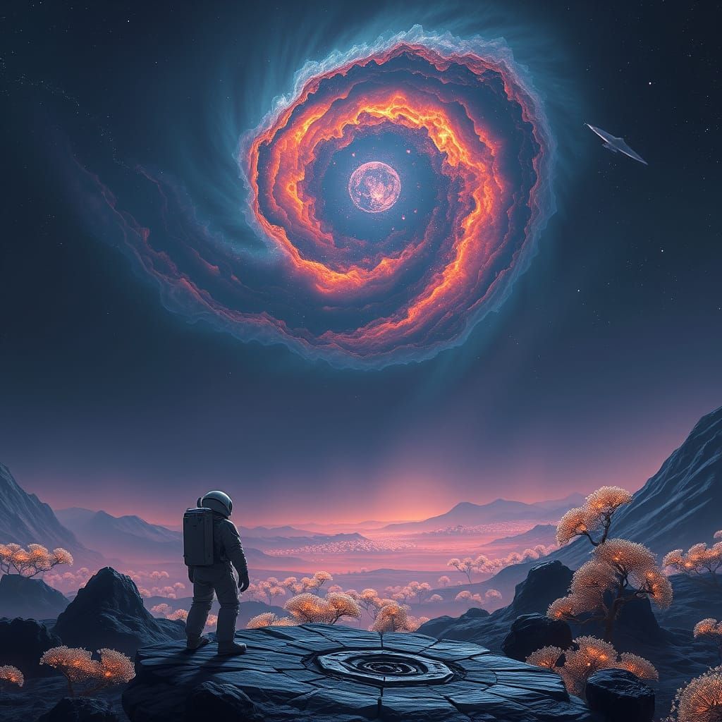 Lone Astronaut Stares Up at Cosmic Nebula in Alien Landscape