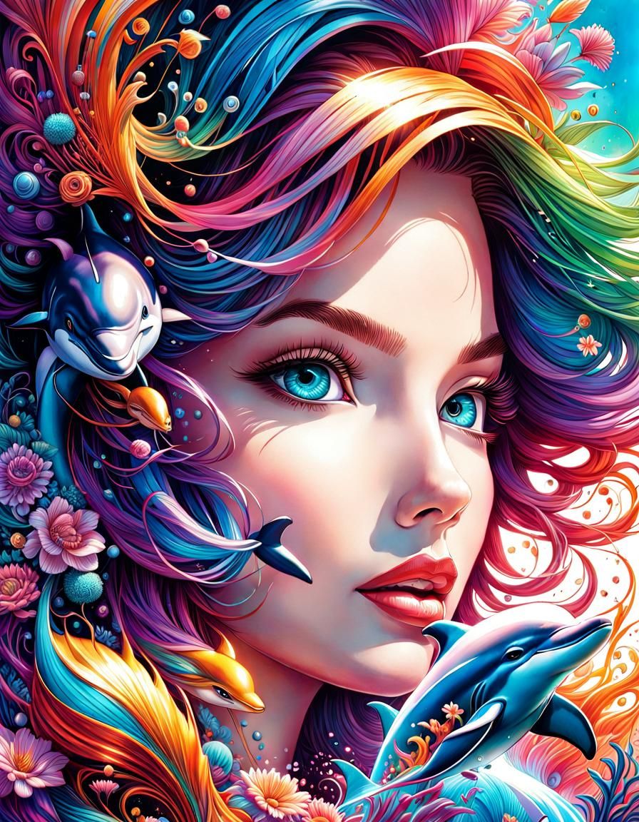Dolphins' Soul: An Intricate Colored Pen Drawing