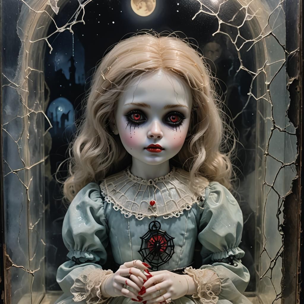 Eerie Porcelain Doll in Graveyard, Impressionistic Style