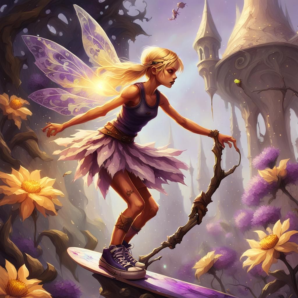 Fantasy Fairy Skateboarder in Dramatic Lighting
