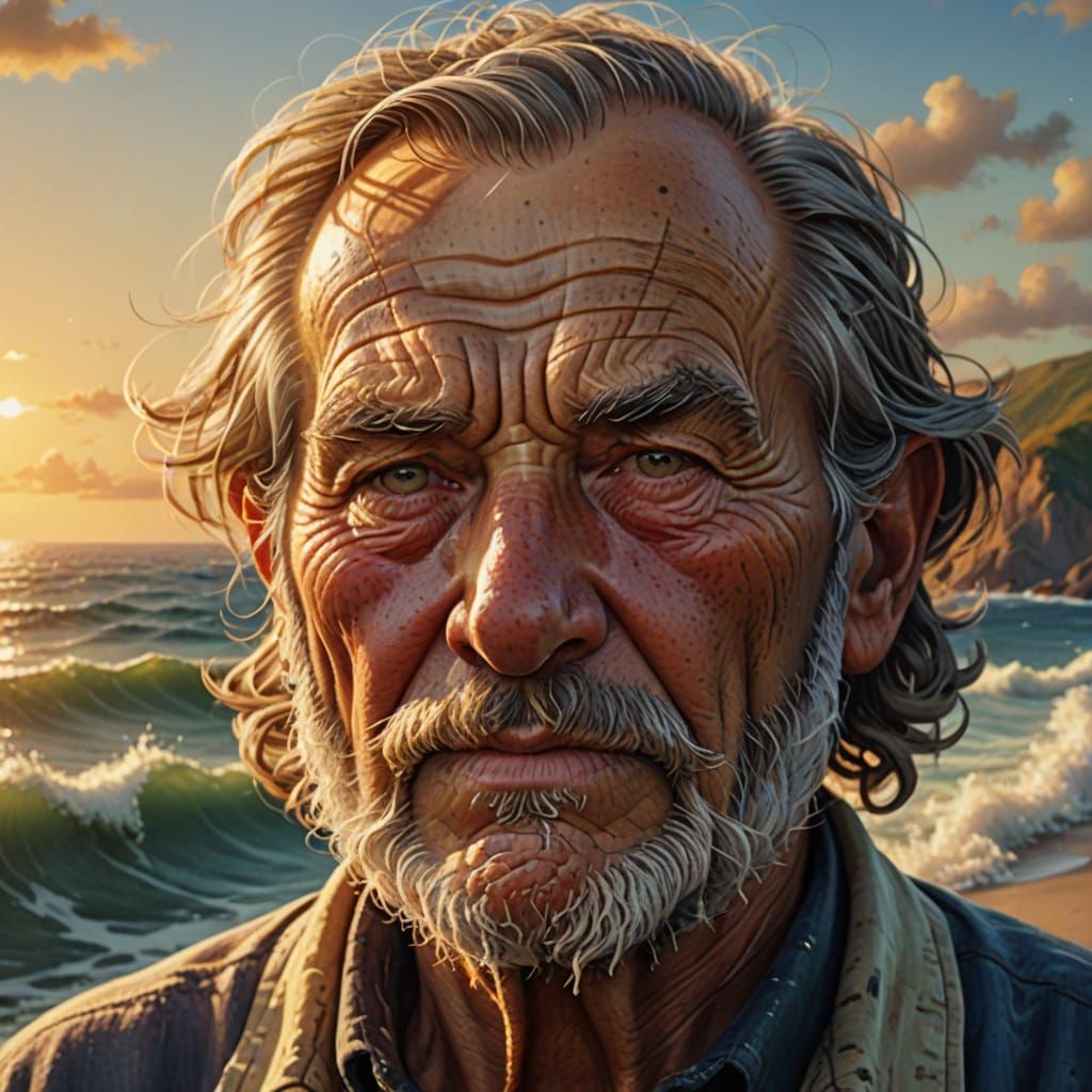 Old Fisherman Close-Up in Splash Art Style