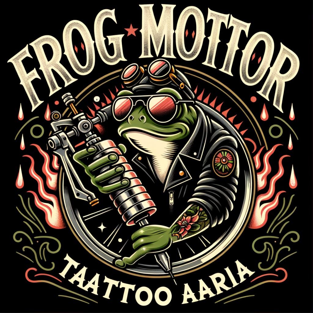 Frogmotor Tattooaria Logo with Tattooed Frog Rider