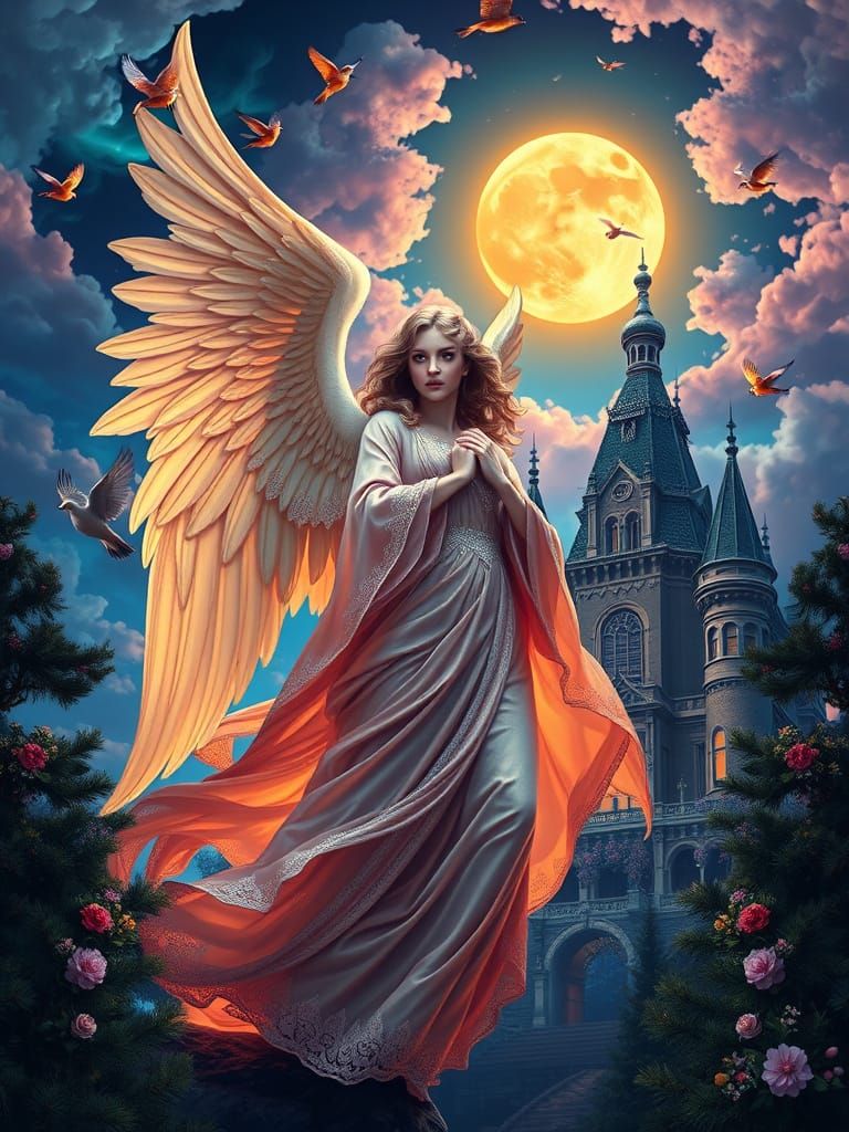 Whimsical Angelic Figure in Moonlit Forest