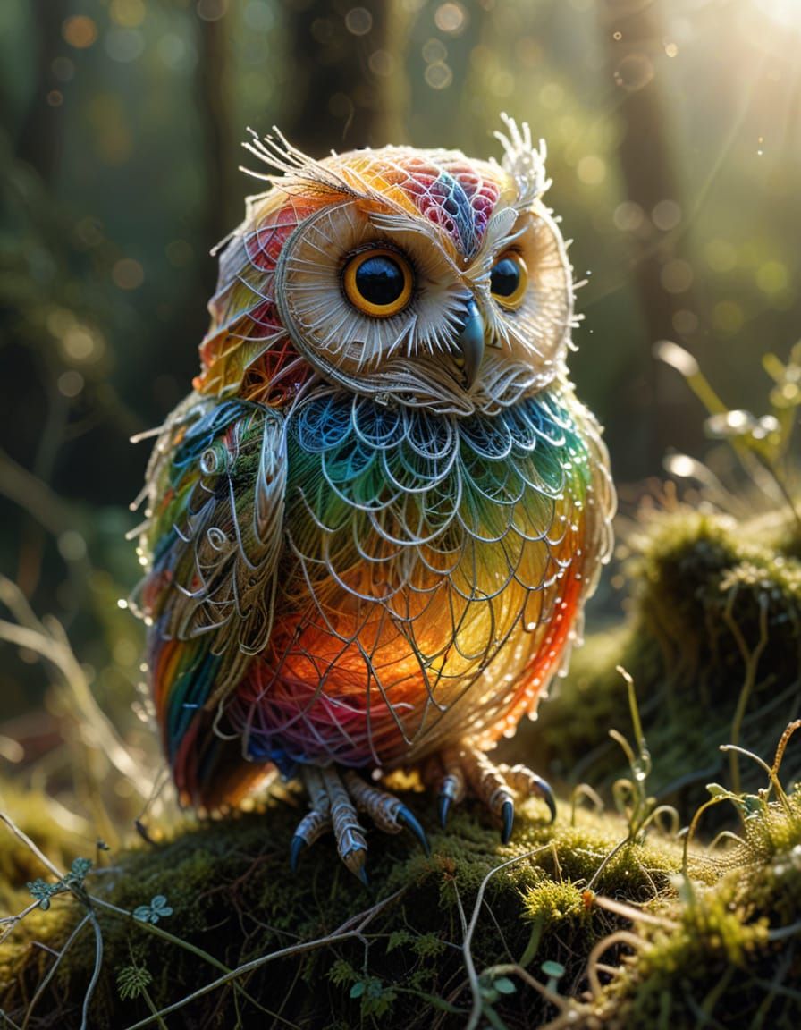 Intricate Spiderweb Owl Sculpture in Sunrise Dewdrops