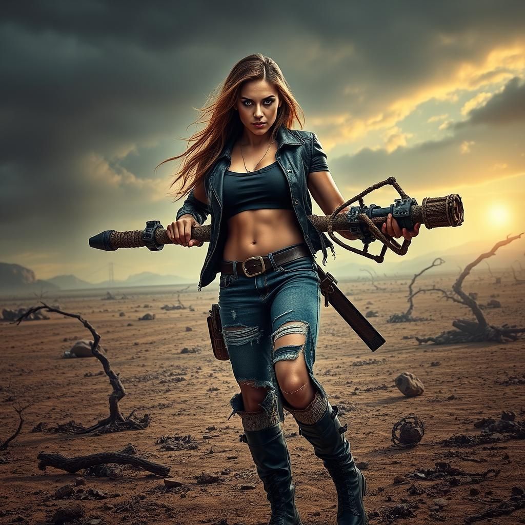 Courageous Woman in Post-Apocalyptic Landscape