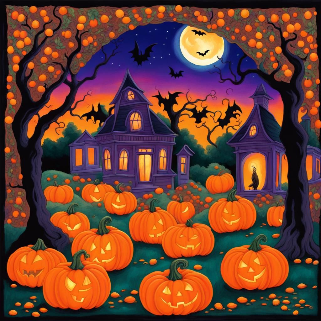 Halloween Pumpkin Amidst Lanterns: Matte Painting