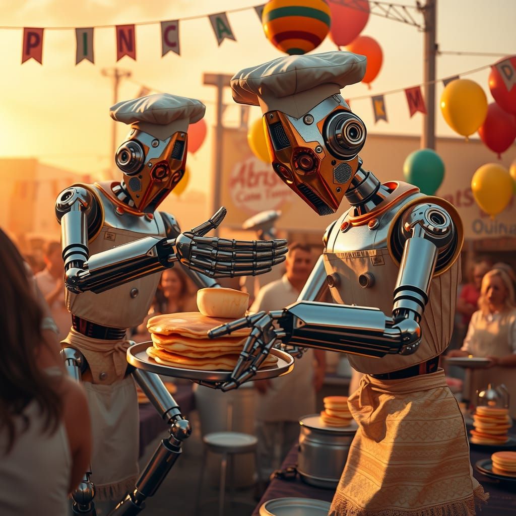 Robots Flipping Pancakes at Fundraiser in Retro-Futuristic S...
